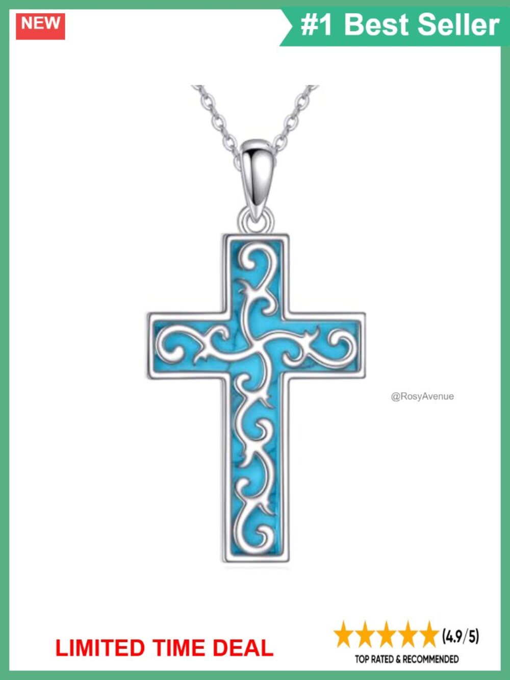 925 Sterling Silver Turquoise Cross Pendant Necklace 18+2" Chain Gift for Women